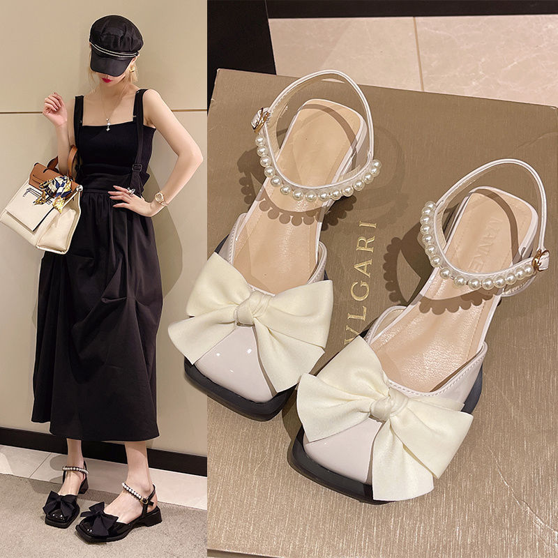 Summer Bow-Knot Pearl Low-to-Mid-Heel Leather Shoes